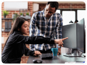 Collaborative workspace at Techinfobiz showing technical innovation